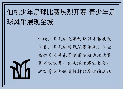 仙桃少年足球比赛热烈开赛 青少年足球风采展现全城