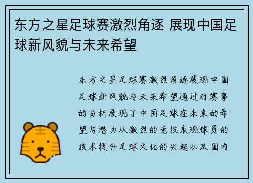 东方之星足球赛激烈角逐 展现中国足球新风貌与未来希望