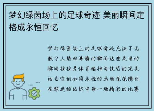 梦幻绿茵场上的足球奇迹 美丽瞬间定格成永恒回忆