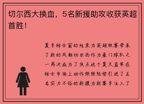 切尔西大换血，5名新援助攻收获英超首胜！