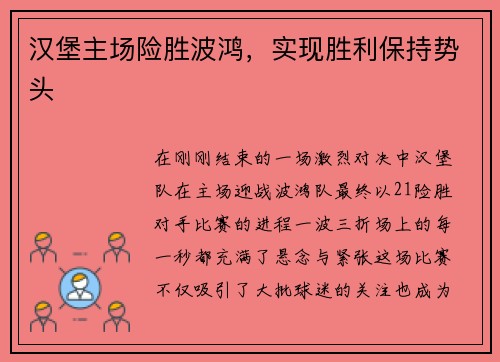 汉堡主场险胜波鸿，实现胜利保持势头