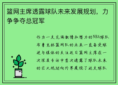 篮网主席透露球队未来发展规划，力争争夺总冠军