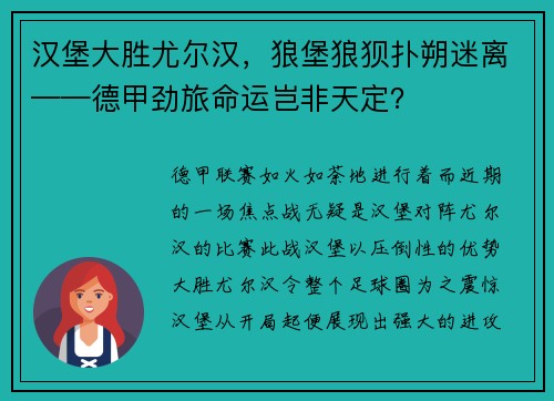 汉堡大胜尤尔汉，狼堡狼狈扑朔迷离——德甲劲旅命运岂非天定？