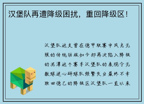 汉堡队再遭降级困扰，重回降级区！