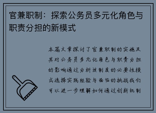 官兼职制：探索公务员多元化角色与职责分担的新模式
