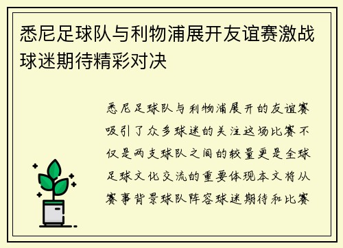 悉尼足球队与利物浦展开友谊赛激战球迷期待精彩对决