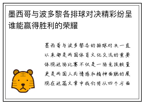 墨西哥与波多黎各排球对决精彩纷呈谁能赢得胜利的荣耀