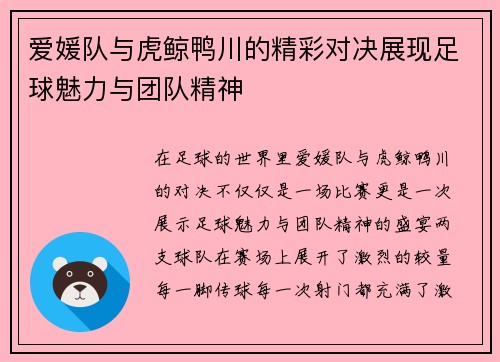 爱媛队与虎鲸鸭川的精彩对决展现足球魅力与团队精神