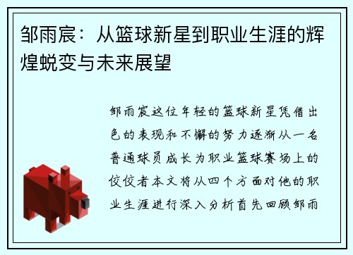 邹雨宸：从篮球新星到职业生涯的辉煌蜕变与未来展望