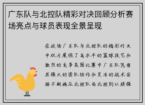 广东队与北控队精彩对决回顾分析赛场亮点与球员表现全景呈现