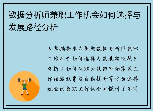 数据分析师兼职工作机会如何选择与发展路径分析