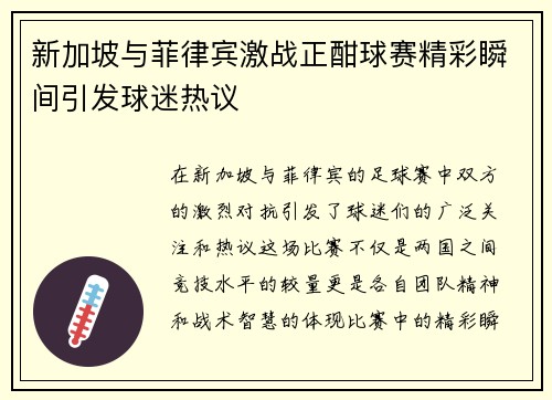 新加坡与菲律宾激战正酣球赛精彩瞬间引发球迷热议