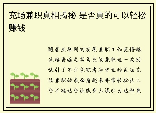 充场兼职真相揭秘 是否真的可以轻松赚钱