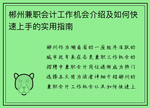 郴州兼职会计工作机会介绍及如何快速上手的实用指南