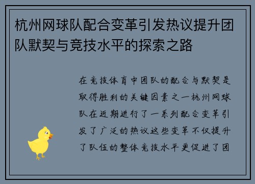 杭州网球队配合变革引发热议提升团队默契与竞技水平的探索之路