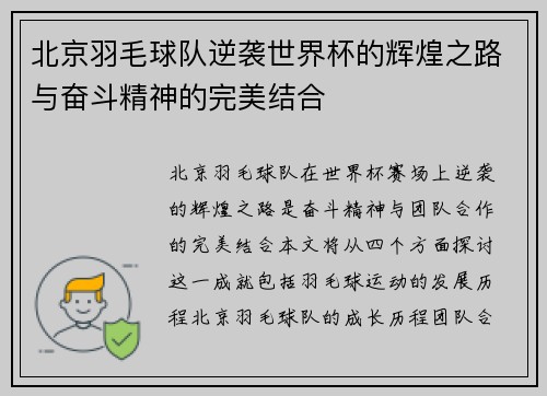 北京羽毛球队逆袭世界杯的辉煌之路与奋斗精神的完美结合