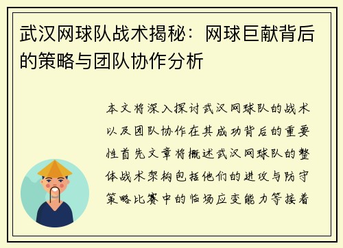 武汉网球队战术揭秘：网球巨献背后的策略与团队协作分析